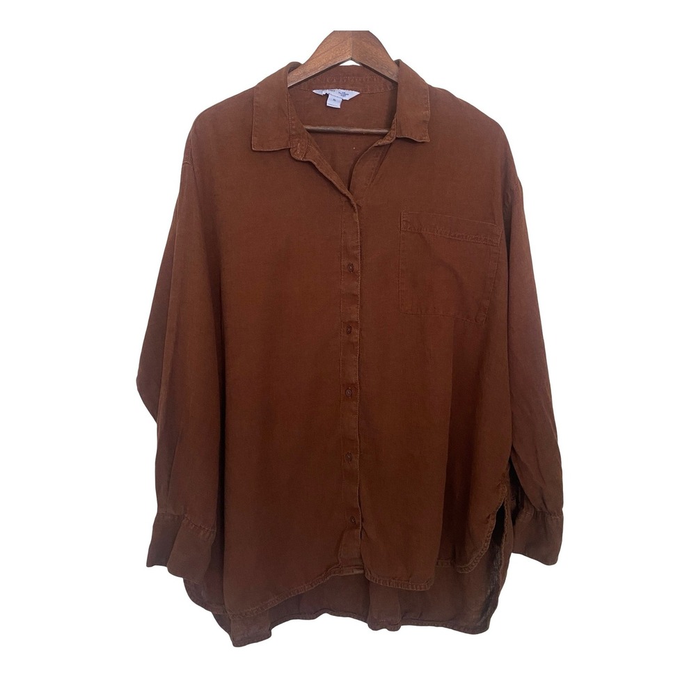 Old Navy The Boyfriend Shirt Women XL Brown Linen Blend Button Down Long Sleeve